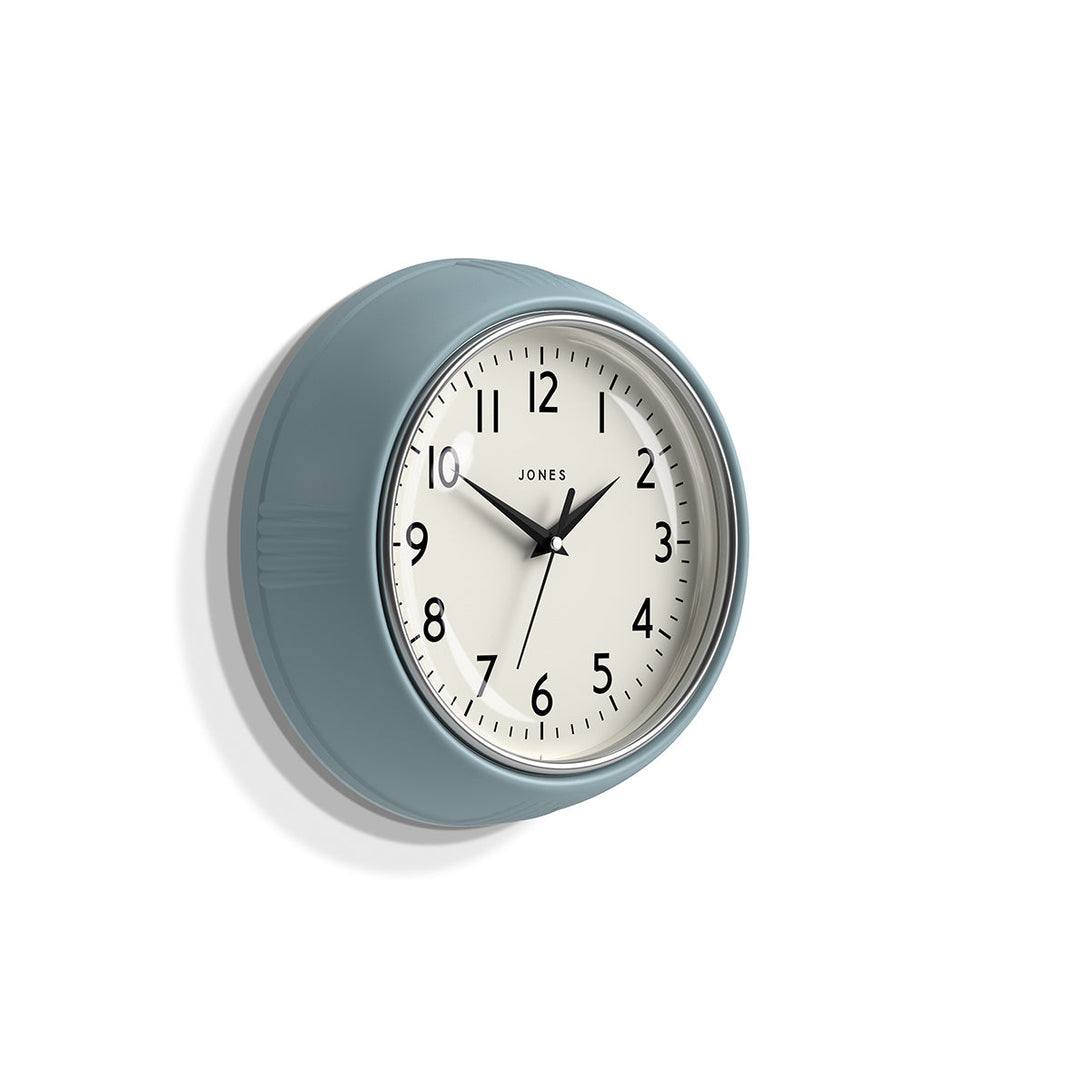 Side view - Ketchup retro wall clock by Jones Clocks in pale blue with vintage-influenced dial - JKETC223CBL
