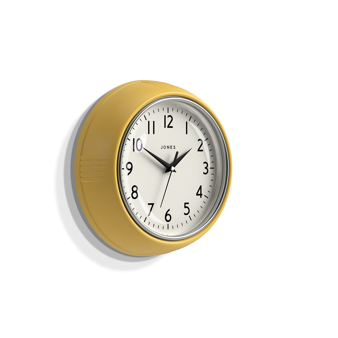 Side view - Ketchup retro wall clock by Jones Clocks in yellow with vintage-influenced dial - JKETC223CHY