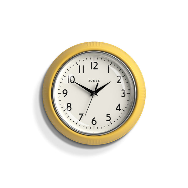 Front view - Ketchup retro wall clock by Jones Clocks in yellow with vintage-influenced dial - JKETC223CHY