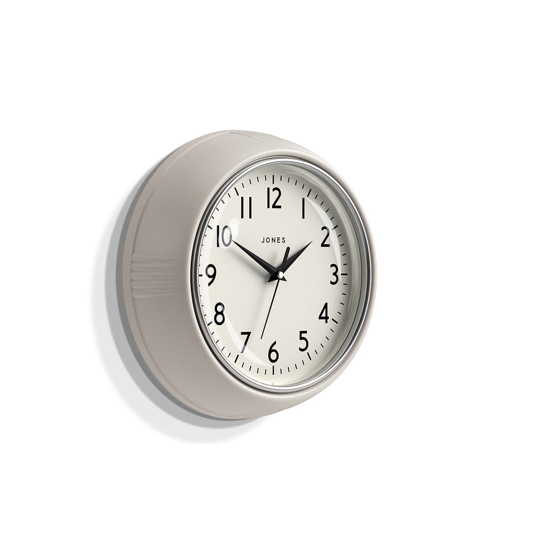 Side view - Ketchup retro wall clock by Jones Clocks in powder grey with vintage-influenced dial - JKETC223LGY