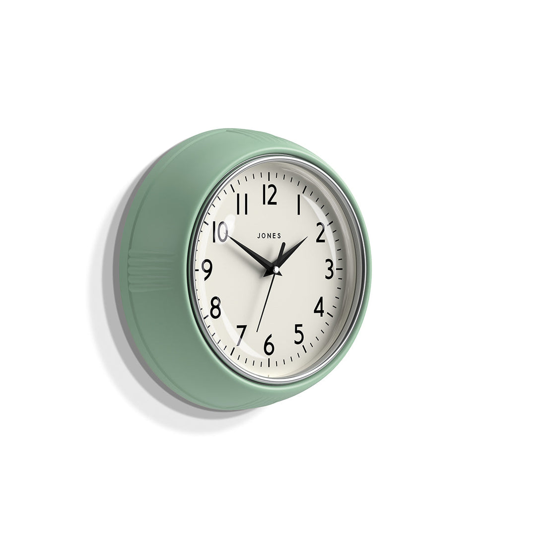 Side view - Ketchup retro wall clock by Jones Clocks in mint green with vintage-influenced dial - JKETC223NM