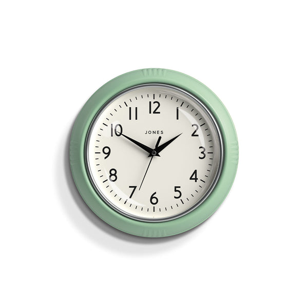 Front view - Ketchup retro wall clock by Jones Clocks in mint green with vintage-influenced dial - JKETC223NM