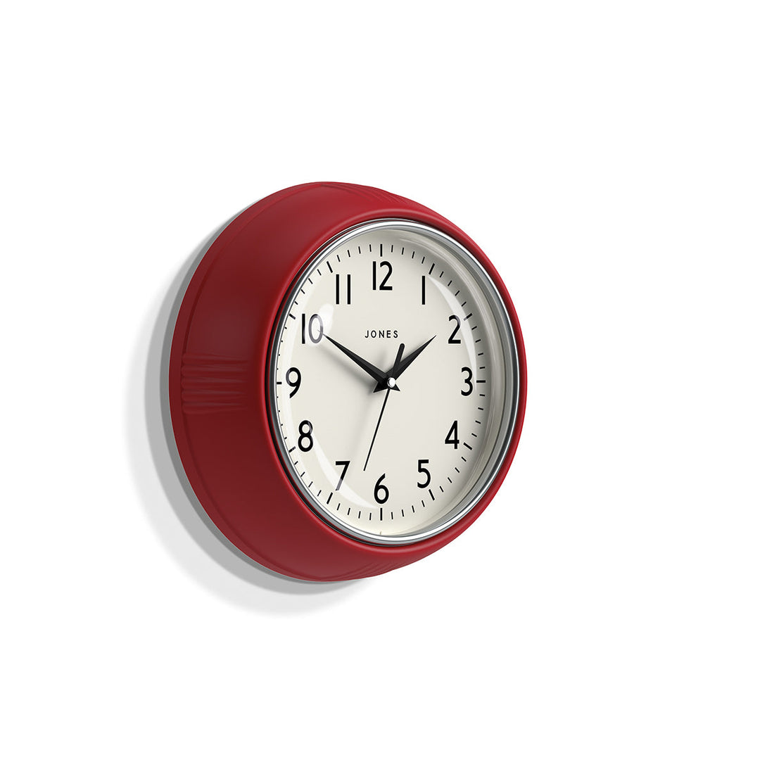 Side view - Ketchup retro wall clock by Jones Clocks in red with vintage-influenced dial - JKETC223R