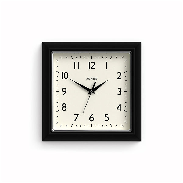 Front - Small square Mustard wall clock by Jones Clocks in Black with a Arabic dial and metal hands - JMUST741K