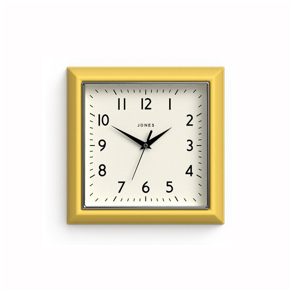 Front - Mustard small square wall clock by Jones Clocks in yellow with an Arabic dial and metal hands - JMUST741CHY