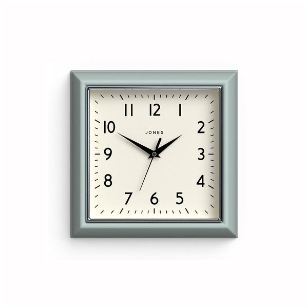 Mustard small square wall clock by Jones Clocks in Blue with an Arabic dial and metal hands - JMUST741CBL
