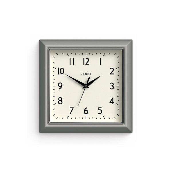 Front - Small square Mustard wall clock by Jones Clocks in powder grey with a Arabic dial and metal hands - JMUST741LGY