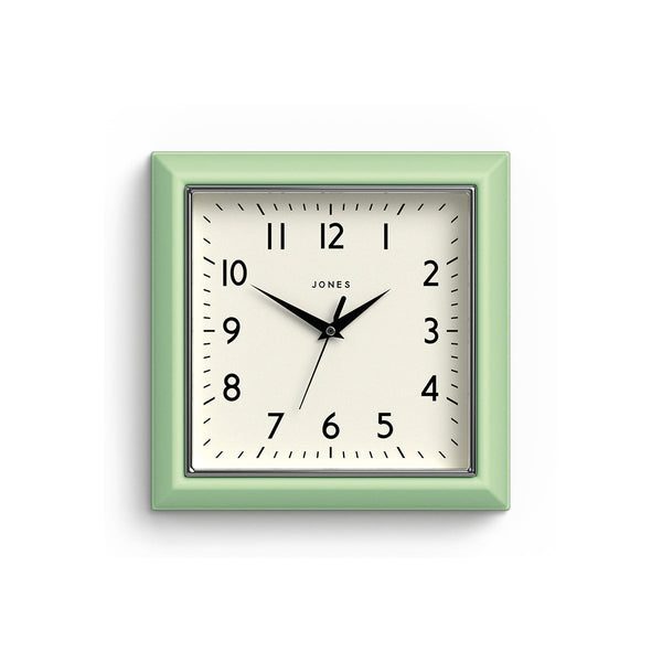 Front - Mustard wall clock by Jones Clocks in mint green with a square retro style case and a contemporary dial - JMUST741NM