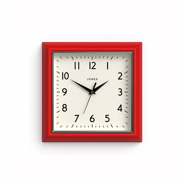 Front - Mustard wall clock by Jones Clocks in red with a square retro style case and a contemporary dial - JMUST741R