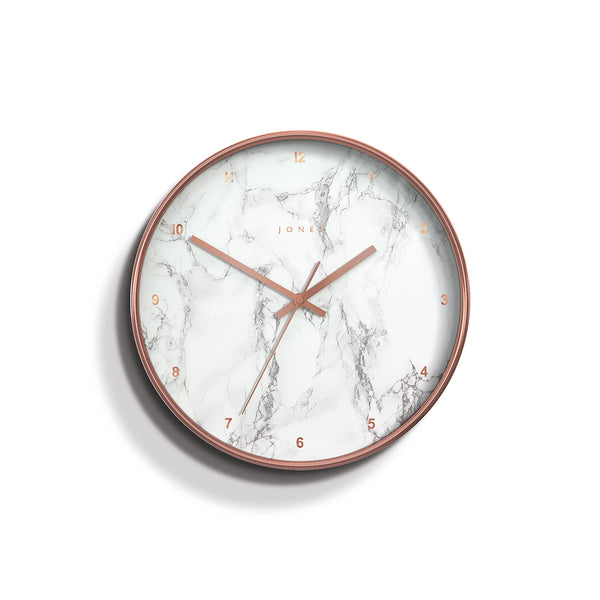 Jones clocks modern Penny wall clock in a copper effect with a marble effect Arabic dial and straight metal hands