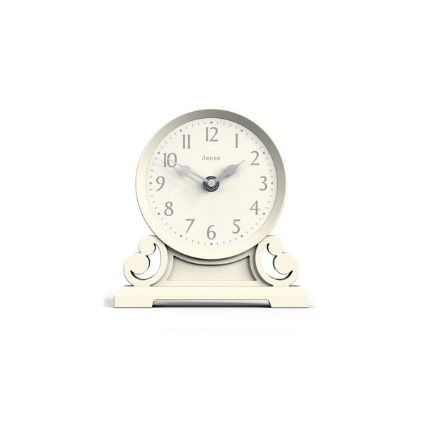 Front view - Middleton Resin mantel clock by Jones clocks in cream with a decorative and classic case complimented by a modern Arabic dial - JMID126LW