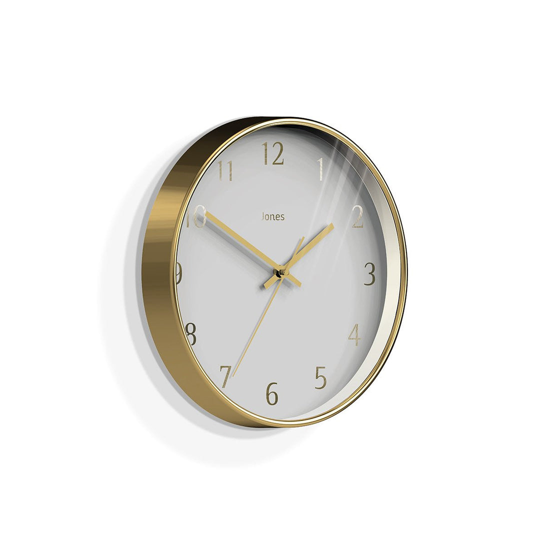 Sew - Penny wall clock by Jones Clocks in a gold effect case with a contemporary gold foil and grey dial - JPEN721PB