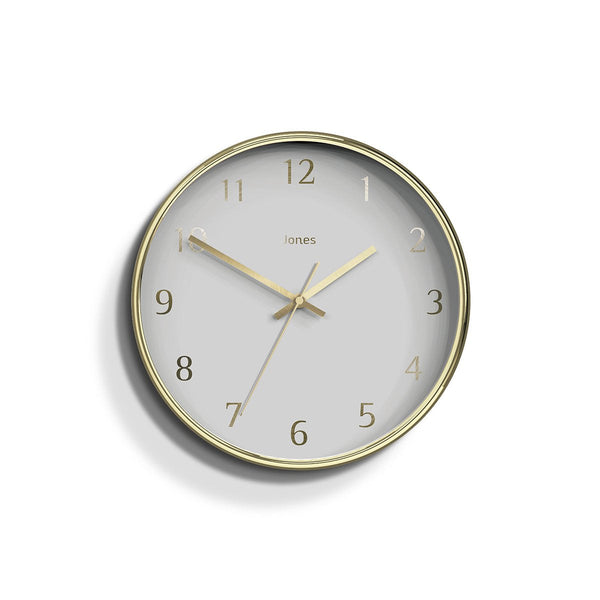 Front - Penny wall clock by Jones Clocks in a gold effect case with a contemporary gold foil and grey dial - JPEN721PB