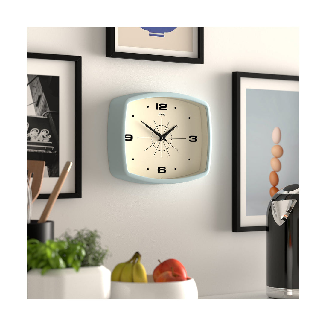 skew kitchen wall - Movie small wall clock by Jones Clocks in pale blue with a retro vintage dial - JMOV209CBL