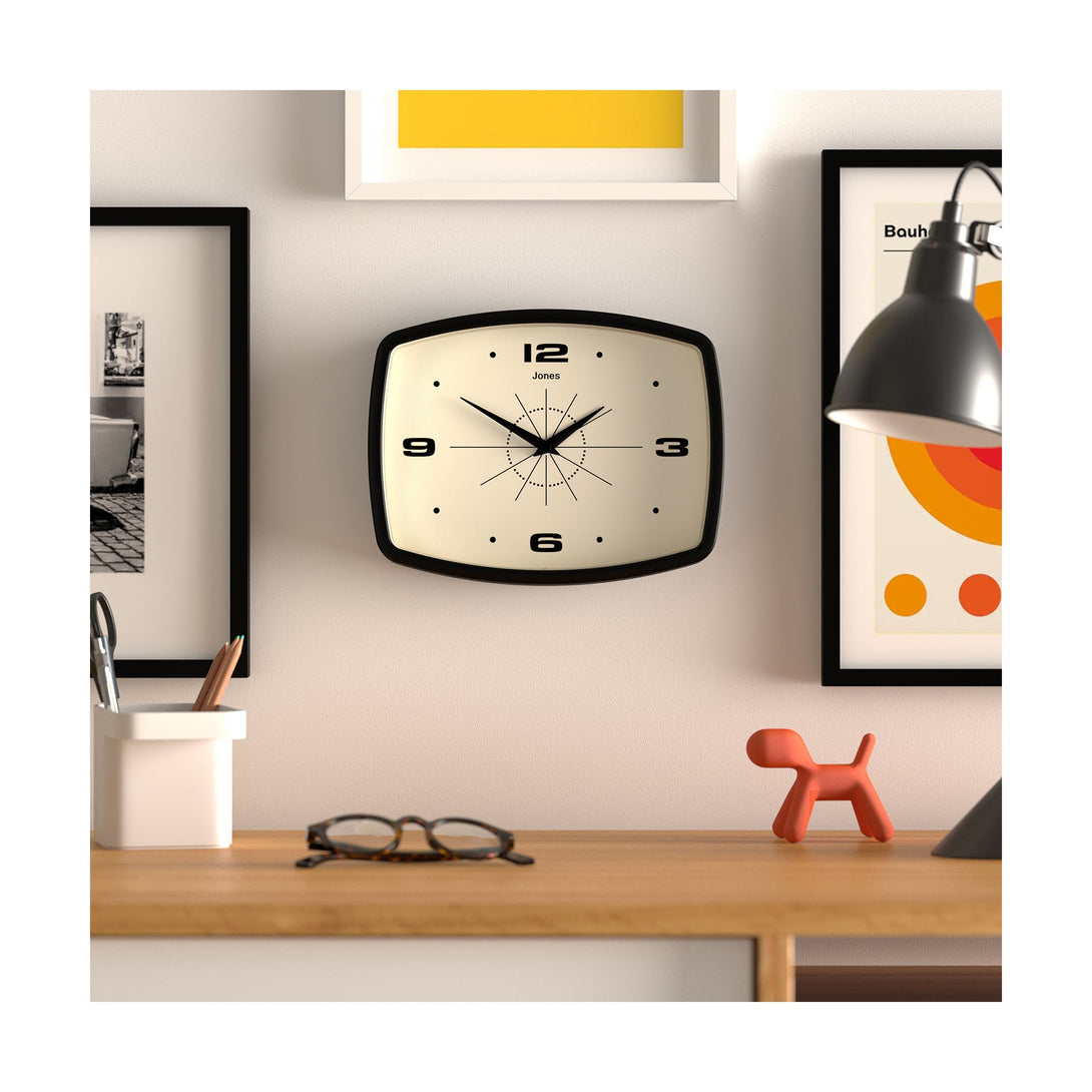 Gallery wall - Movie small wall clock by Jones Clocks in black with a retro vintage dial - JMOV209K