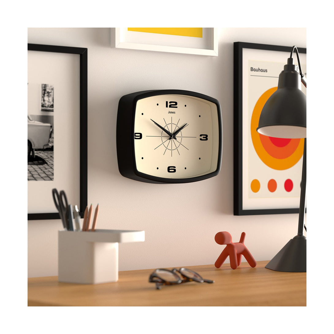 Skew office wall - Movie small wall clock by Jones Clocks in black with a retro vintage dial - JMOV209K