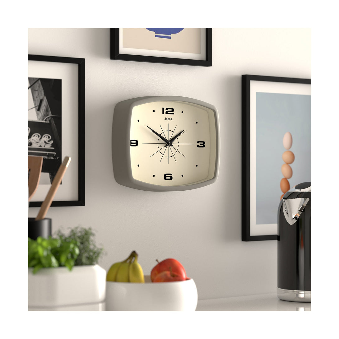 Skew kitchen wall - Movie small wall clock by Jones Clocks in pale grey with a retro vintage dial - JMOV209PGY