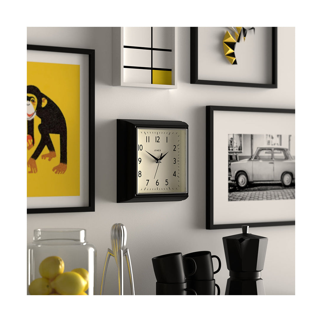 Style shot skew - Small square Mustard wall clock by Jones Clocks in Black with a Arabic dial and metal hands - JMUST741K