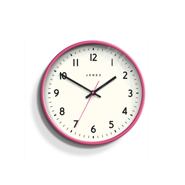 Front - Jam wall clock by Jones Clocks in pink with an easy-to-read, contemporary dial - JPEN6PK