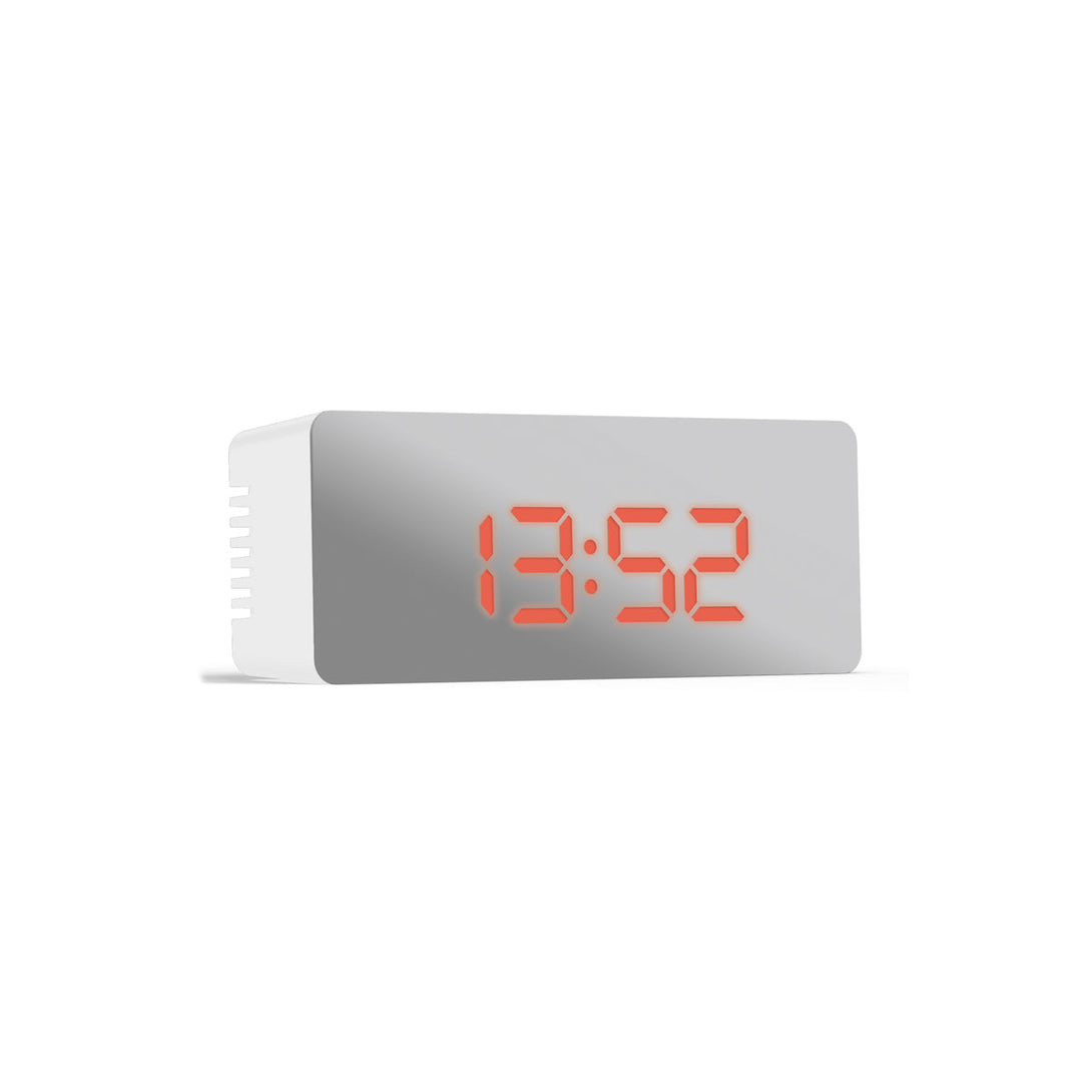 Skew - Silver mirrored alarm clock by Jones Clocks with a minimalist rectangualr design and red digital dial - JREFLCDRW16