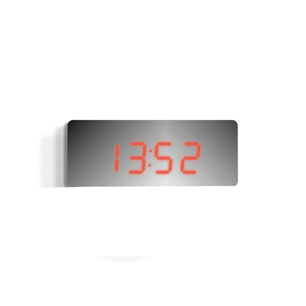 Front - Silver mirrored alarm clock by Jones Clocks with a minimalist rectangualr design and red digital dial - JREFLCDRW16