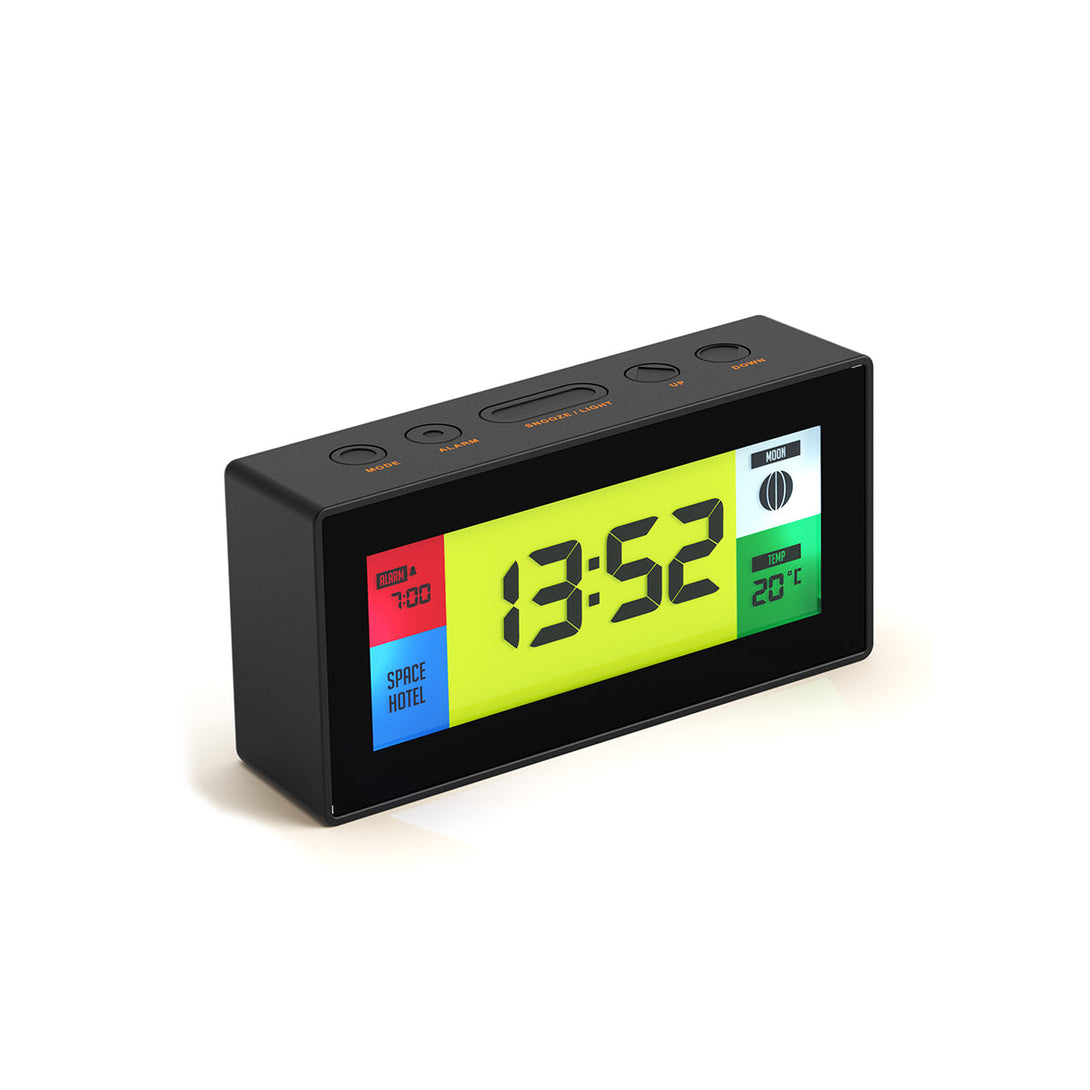 Skewed titled view of the Space Hotel Robot 10 LCD alarm clock in black with multicoloured backlights