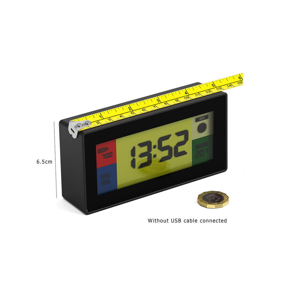 Skewed dimensioned view of the Space Hotel Robot 10 LCD alarm clock in black with multicoloured backlights