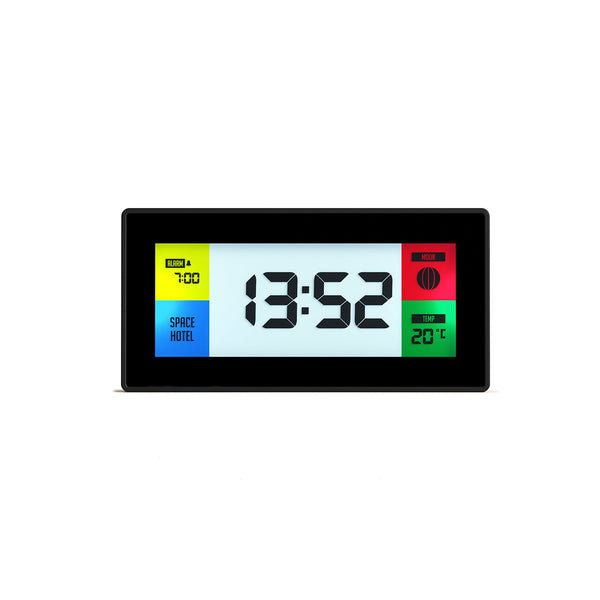 Space Hotel Robot 10 LCD alarm clock in black with multicoloured backlights