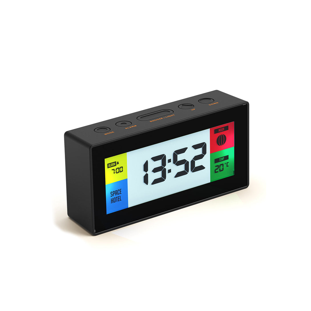 Skewed view of the Space Hotel Robot 10 LCD alarm clock in black with multicoloured backlights