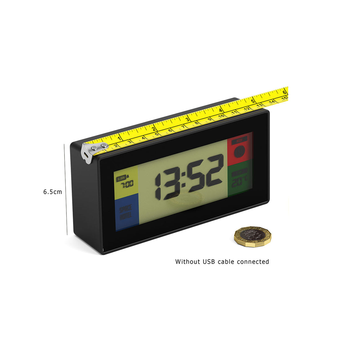 Skewed dimensioned view of the Space Hotel Robot 10 LCD alarm clock in black with multicoloured backlights