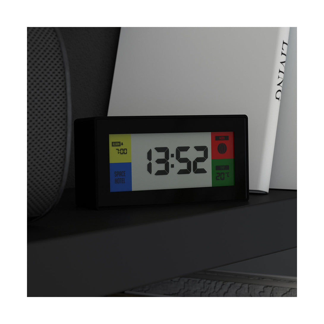 Space Hotel Robot 10 LCD alarm clock in black with multicoloured backlights - Style Shot 2