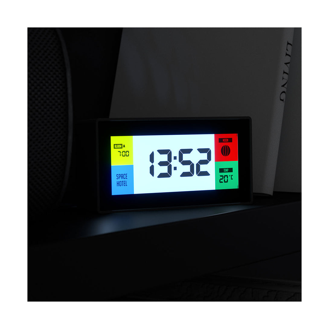 Space Hotel Robot 10 LCD alarm clock in black with multicoloured backlights - Style shot 3