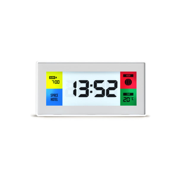 Space Hotel Robot 10 LCD clock in white, black and multi-colour