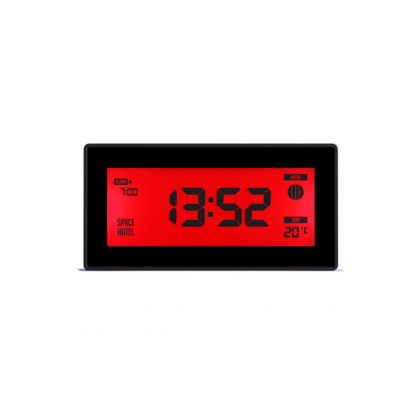 Space Hotel Robot 10 LCD alarm clock in black with a red backlight