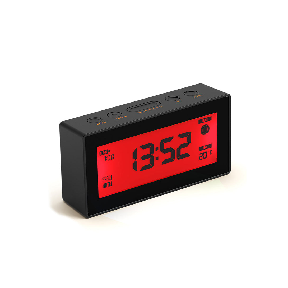 Skewed titled view of the Space Hotel Robot 10 LCD alarm clock in black with a red backlight