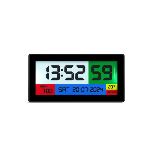 Space Hotel Robot 100 LCD alarm clock in black with multicoloured backlights