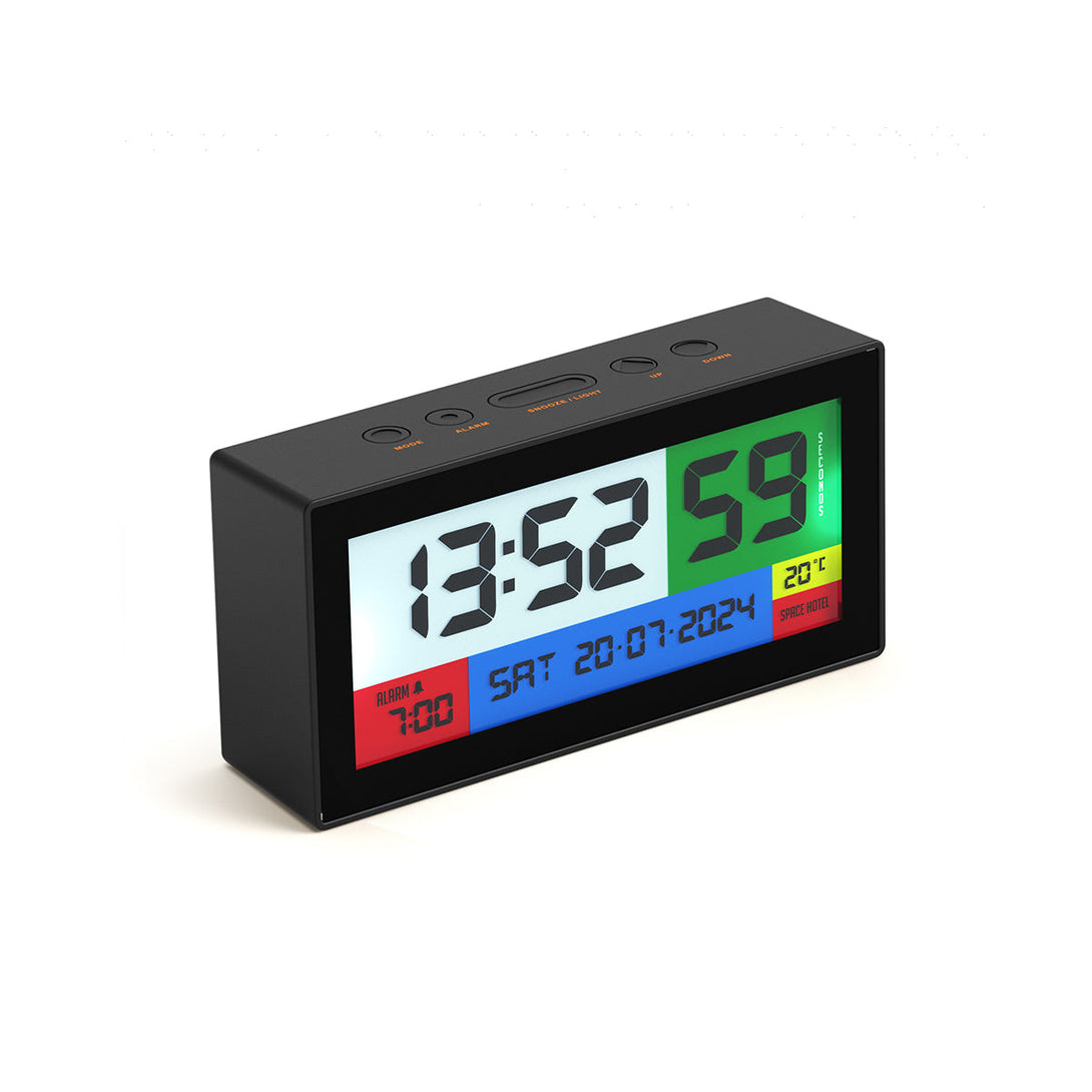 Skewed tilted view of the Space Hotel Robot 100 LCD alarm clock in black with multicoloured backlights