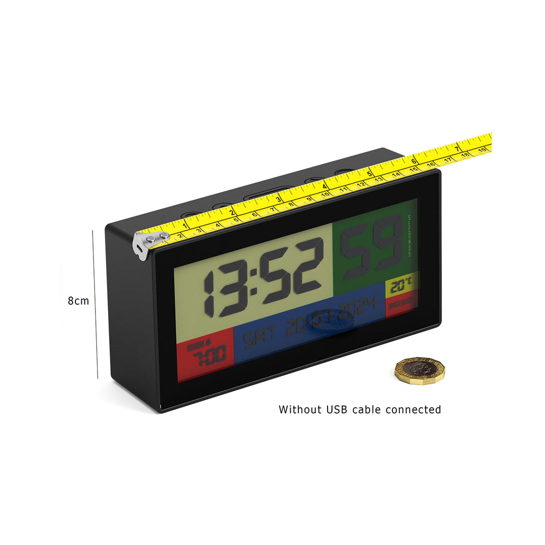 Skewed dimensioned view of the Space Hotel Robot 100 LCD alarm clock in black with multicoloured backlights