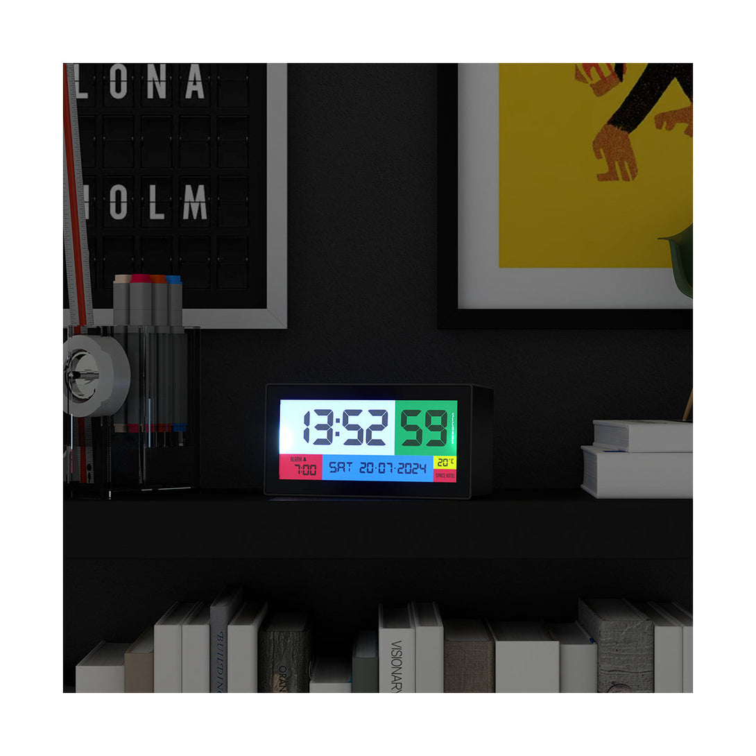 Space Hotel Robot 100 LCD alarm clock in black with multicoloured backlights - Style Shot 1