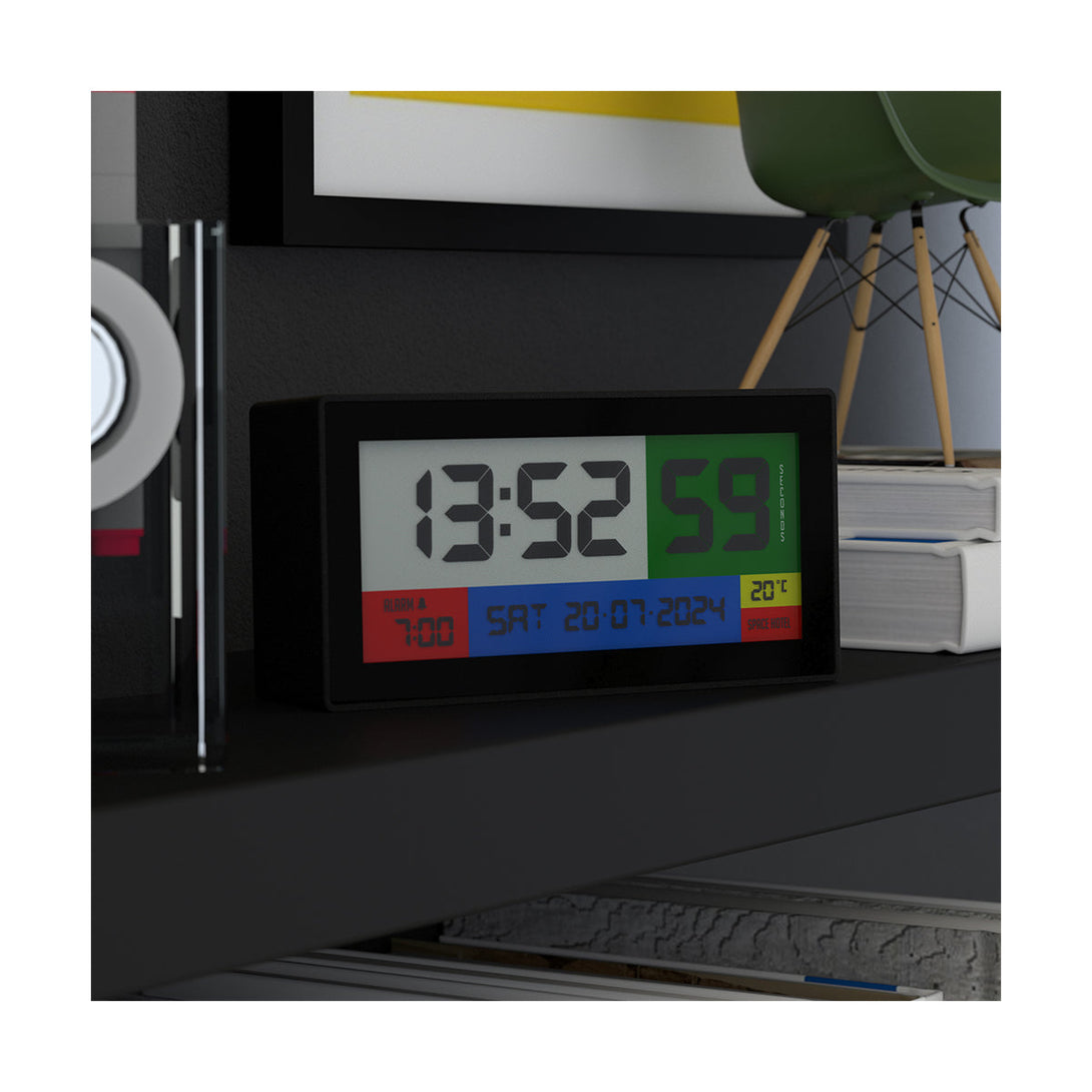 Space Hotel Robot 100 LCD alarm clock in black with multicoloured backlights - Style Shot 2