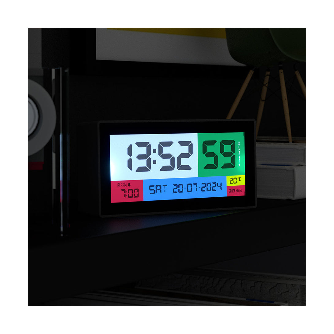 Space Hotel Robot 100 LCD alarm clock in black with multicoloured backlights - Style Shot 3