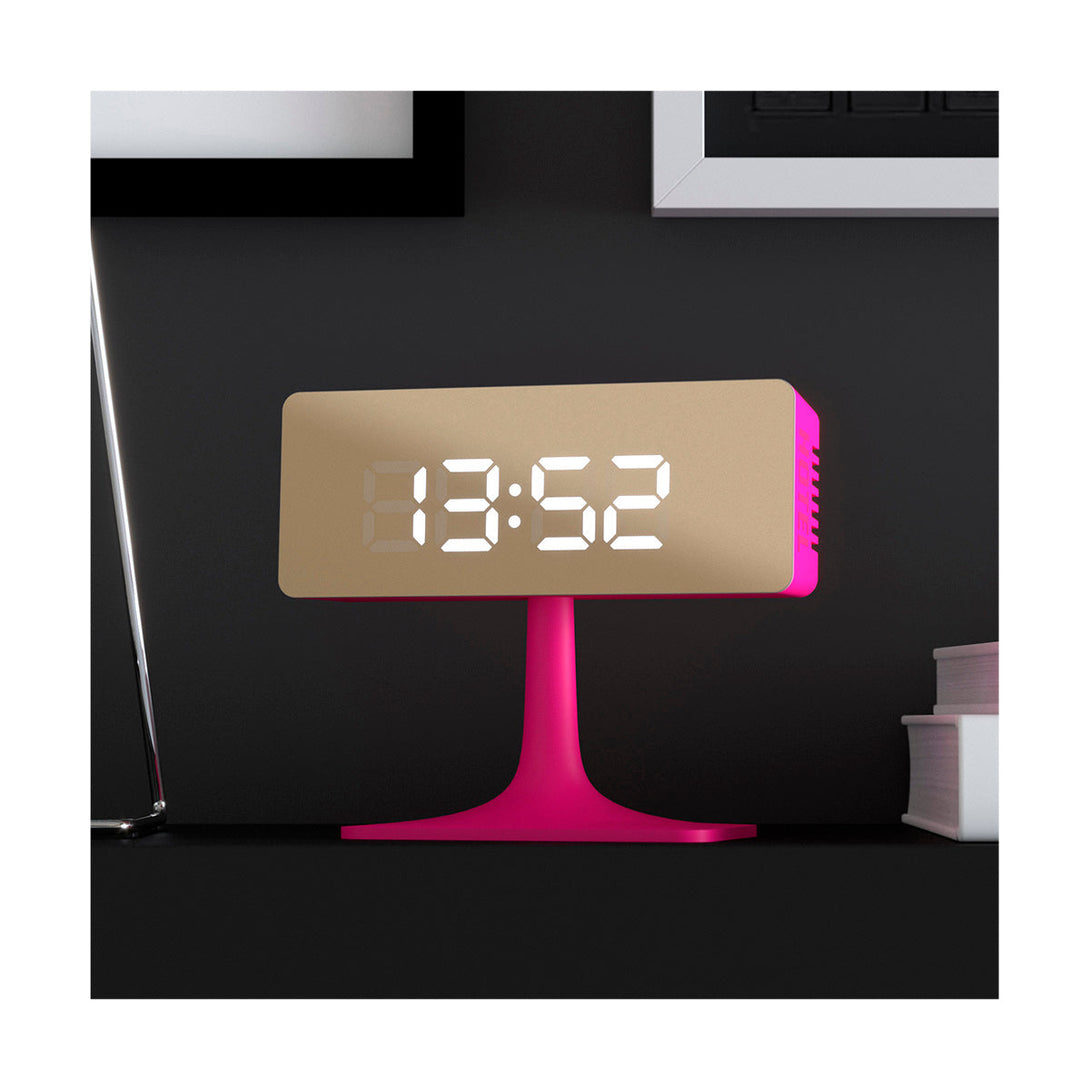 Hot Pink Digital Alarm Clock | Gold Mirror LED | Minimalist Desk Clock - Cropped