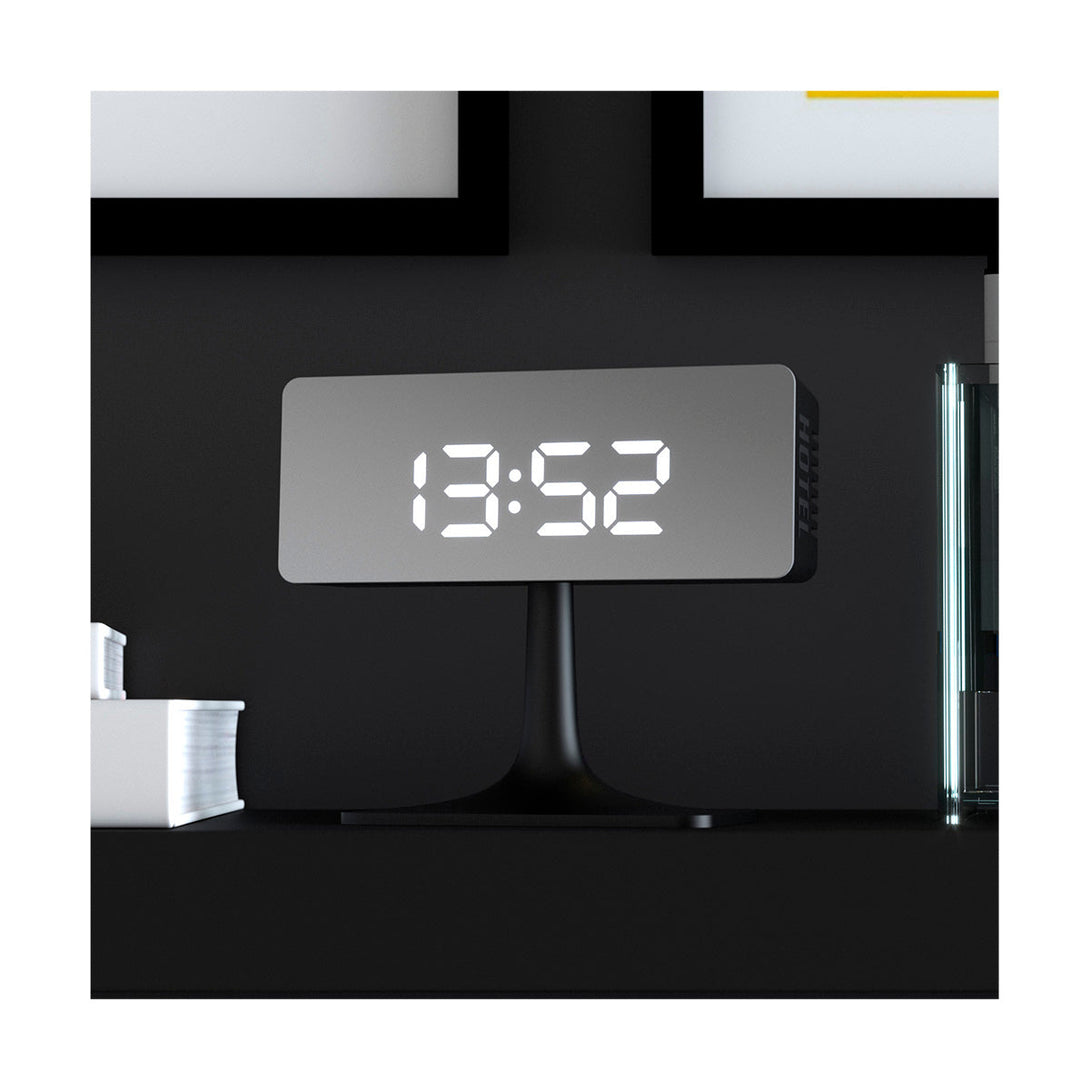 Black Podium Digital Alarm Clock | Silver Mirror LED | Minimalist Desk Clock - Cropped