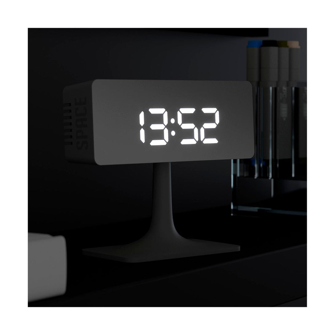 Black Podium Digital Alarm Clock | Silver Mirror LED | Minimalist Desk Clock - LED on