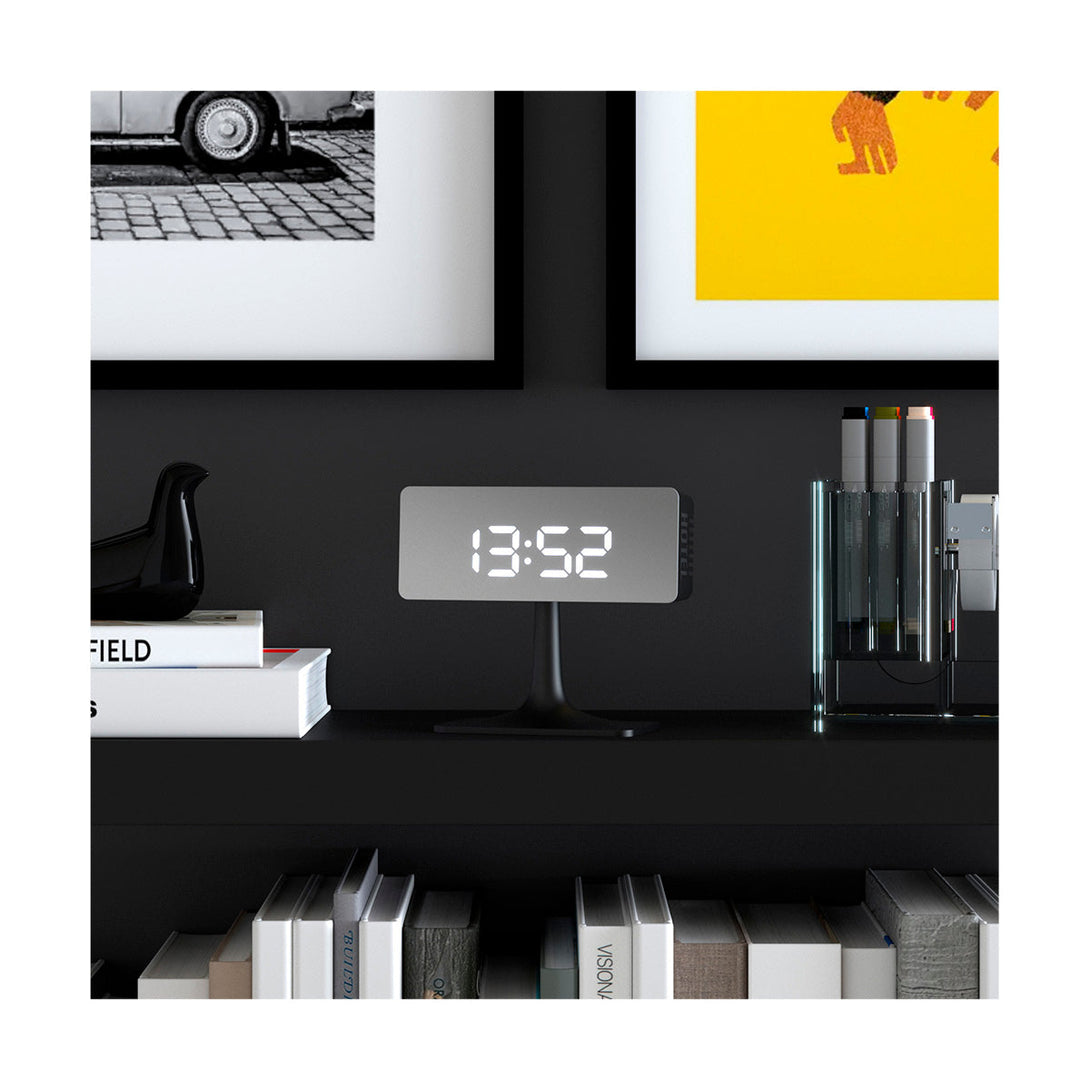 Black Podium Digital Alarm Clock | Silver Mirror LED | Minimalist Desk Clock - style shot