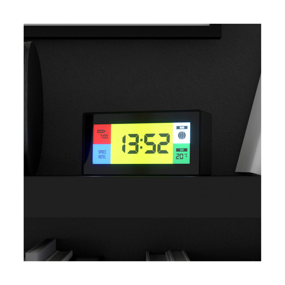 Space Hotel Robot 10 LCD alarm clock in black with multicoloured backlights - style Shot cropped