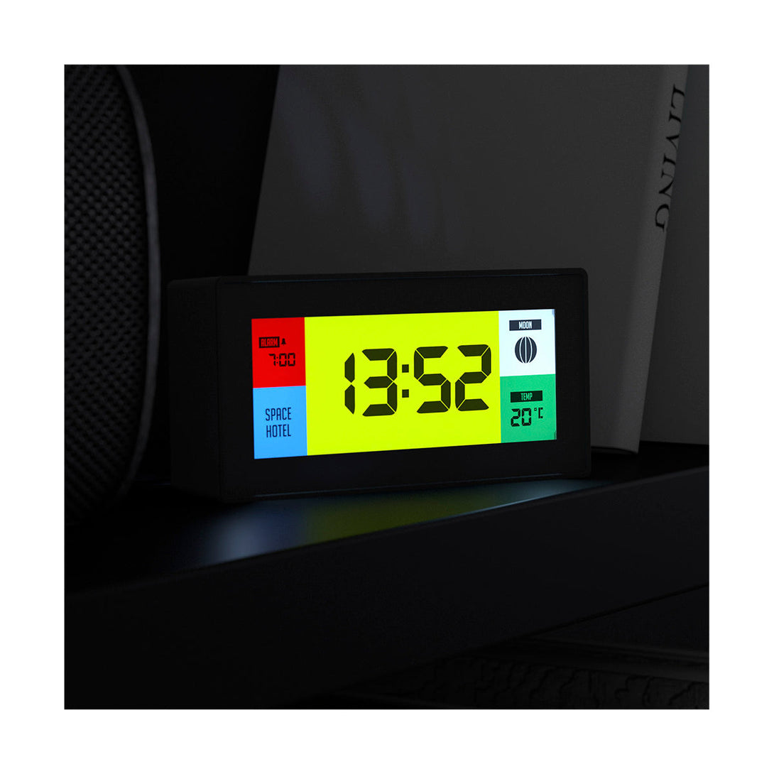 Space Hotel Robot 10 LCD alarm clock in black with multicoloured backlights - LCD on