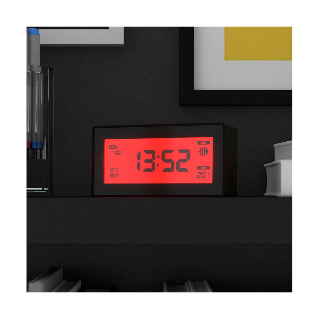 Space Hotel Robot 10 LCD alarm clock in black with a red backlight - Cropped