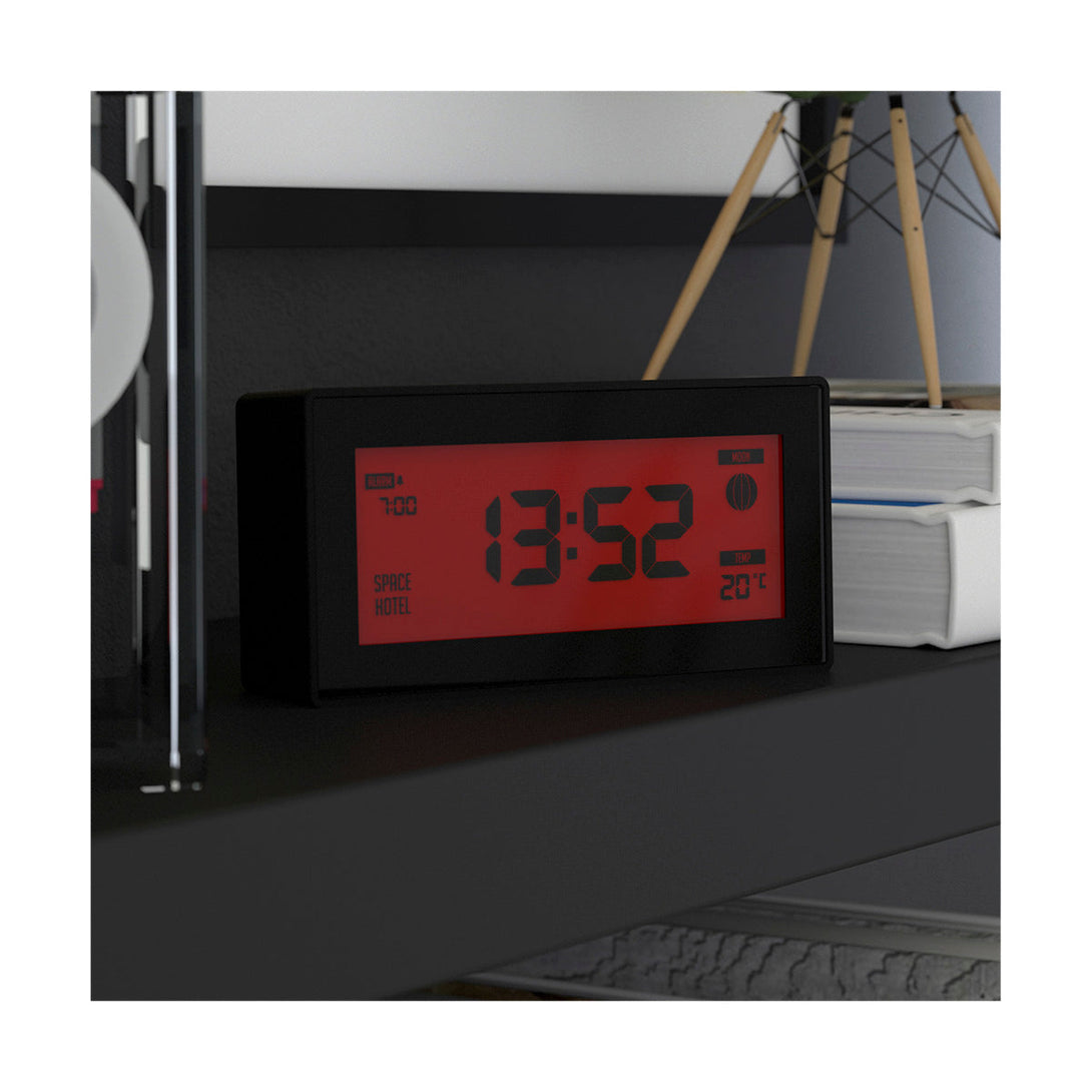 Space Hotel Robot 10 LCD alarm clock in black with a red backlight - LCD off