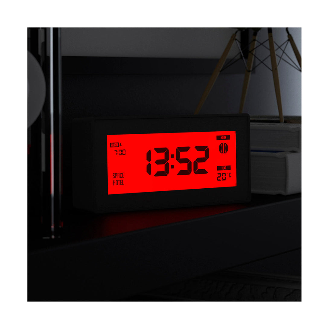 Space Hotel Robot 10 LCD alarm clock in black with a red backlight - LCD on